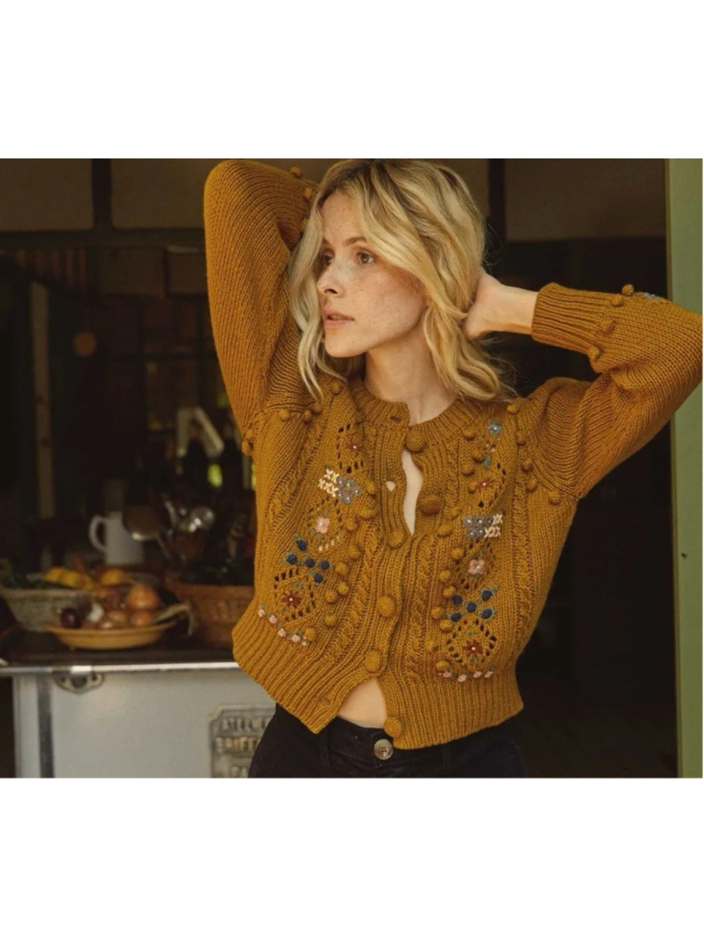 RARE DÔEN Forget Me Not Embroidered Floral Bobble Knit Cardigan Sweater Tan XL - Picture 5 of 14